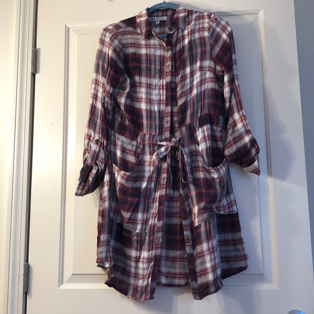 Plaid button down dress with tie belt